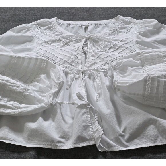 Aerie Peasant Blouse Womens L White Long Puff Sleeves 3 Ties Front Cotton Boho - Picture 9 of 16